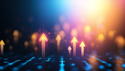 Poster - a vibrant digital illustration of arrows pointing upward against a blurred background, symbolizing g