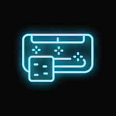Poster - Neon blue glowing air conditioner with remote control icon, representing cooling down during summer heat