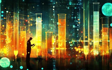 Poster - digital double exposure of medical test tubes and digital health icons on the background, a scientis