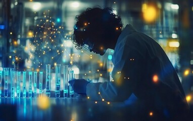Poster - digital double exposure of medical test tubes and digital health icons on the background, a scientis