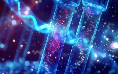 Poster - digital double exposure of medical test tubes and digital health icons on the background, a scientis