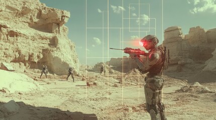 Futuristic Soldiers on a Desert Planet Scouting and Engaging Enemies