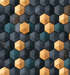 Poster - A visually striking geometric design featuring hexagonal patterns in shades of black, teal, and gold. Perfect for backgrounds, wallpaper, or design projects.