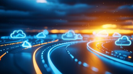 Poster - A vibrant digital landscape showcasing illuminated roads, clouds, and a sunset, symbolizing connectivity and technology.