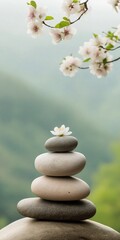 Canvas Print - A stone pyramid with a white flower on top. The pyramid is made of four large stones and a small one. Concept of peace and tranquility, as the flower