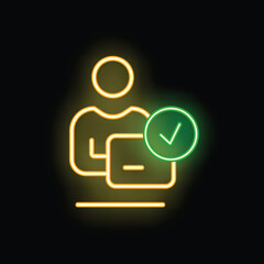 Poster - Neon sign depicting a user with a check mark symbol, indicating successful task completion