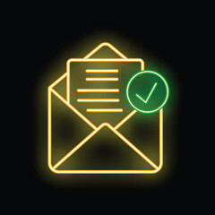 Poster - Glowing neon envelope with check mark representing successful delivery of email