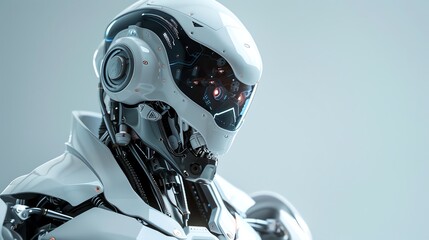 Poster - A close-up of a white robot's head, with glowing red eyes and visible wires.