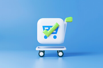 Cart symbol with checkmark on a blue background indicating successful shopping experience