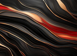 Poster - An abstract design featuring flowing lines in black, red, and gold hues, creating a modern and elegant visual. Suitable for backgrounds, wallpapers, and creative projects.
