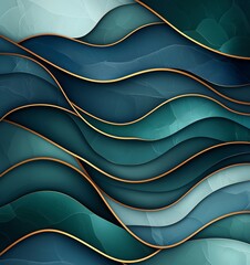 Poster - An abstract design featuring fluid, wavy shapes in varying shades of teal and blue, accented with golden lines. Ideal for backgrounds, wallpapers, or creative projects.