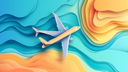 A stunning vector illustration of an aerial view of an airplane crafted in paper art style, set against a beautiful background