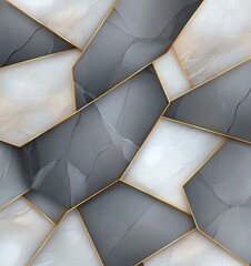 Poster - An abstract geometric pattern featuring irregularly shaped blocks in shades of gray and white, with elegant golden outlines enhancing the modern design.