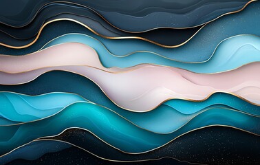 Poster - An abstract wave design featuring flowing lines in shades of blue, teal, and pink, accented with a gold outline, creating a serene and modern visual appeal.