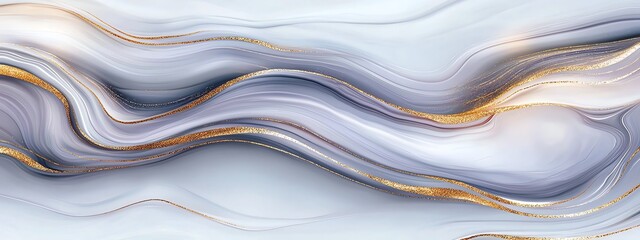 Poster - An elegant abstract background featuring flowing waves in soft shades of gray, white, and hints of gold. Perfect for use in modern designs, presentations, and art projects.