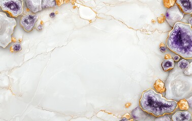Poster - An elegant and luxurious background featuring smooth white marble with vibrant purple and golden accents. Perfect for design, artistic projects, or stylish presentations.