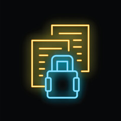 Poster - blue neon lock glowing in front of yellow contract files on a black background