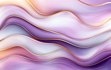 Poster - An elegant and sophisticated abstract background featuring flowing waves in soft lavender, pink, and white hues, accentuated by gold lines. Ideal for modern design projects.