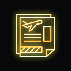 Poster - Yellow glowing neon line travel documents with airplane on black background