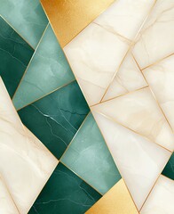 Poster - Marble abstract design features a mosaic of shapes in green, cream, and gold tones, creating a modern and elegant feel suitable for backgrounds, wallpapers, or decorative elements.