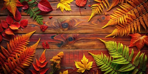 Wall Mural - Autumnal foliage arranged on rich wooden planks, a vibrant display of fall colors