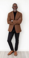 Wall Mural - A man in a brown jacket and black pants is standing in front of a white wall. He is wearing brown shoes and a watch