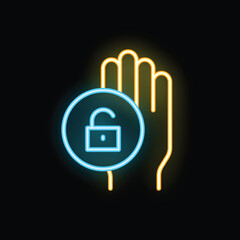 Wall Mural - Glowing neon icon of a hand holding an open padlock against a dark background