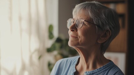 Poster - In a cozy room filled with soft sunlight, an elderly woman gazes thoughtfully out the window, embodying tranquility and contentment. Her serene expression suggests deep contemplation