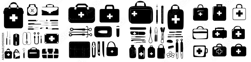 First aid kit essentials displayed in a clear, organized layout for ...