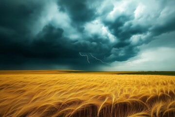 Aufkleber - A storm rolling in over a golden wheat field, lightning striking in the distance