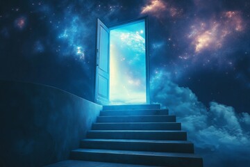 Poster - A staircase leading into a doorway that opens into outer space