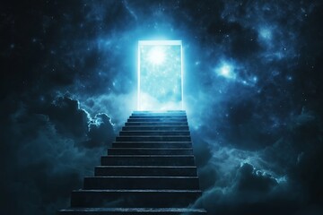 Poster - A staircase leading into a doorway that opens into outer space