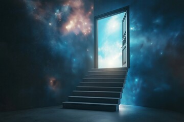 Poster - A staircase leading into a doorway that opens into outer space