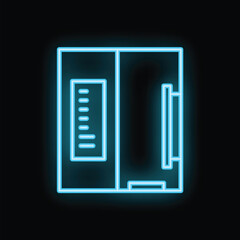 Canvas Print - Glowing neon icon representing an electrical switchboard, illuminating a dark background with its vibrant blue light