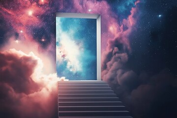 Poster - A staircase leading into a doorway that opens into outer space