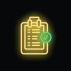 Poster - glowing neon sign depicting a clipboard with a checklist and a green check mark, symbolizing a compl