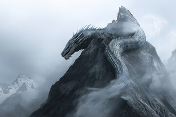 Wall Mural - A sleeping dragon curled around a mountain peak, with mist swirling around it