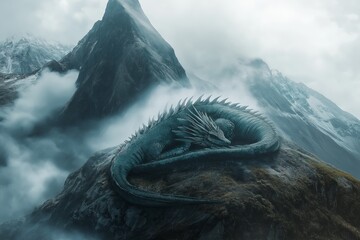 Poster - A sleeping dragon curled around a mountain peak, with mist swirling around it