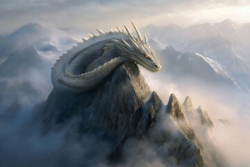 Poster - A sleeping dragon curled around a mountain peak, with mist swirling around it