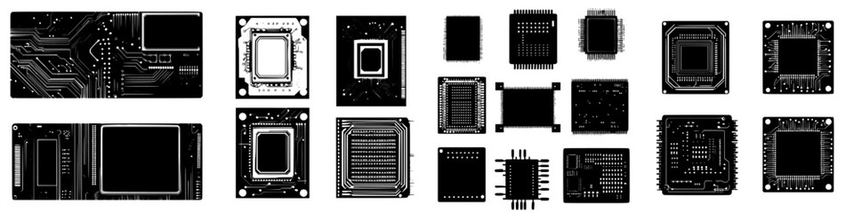 Poster - Collection of various electronic circuit boards and microchips arranged in an organized pattern on a black background