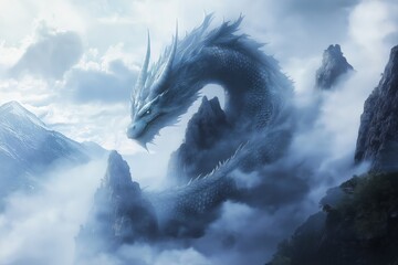 Wall Mural - A sleeping dragon curled around a mountain peak, with mist swirling around it