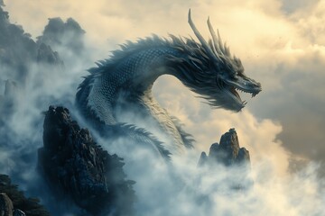 Poster - A sleeping dragon curled around a mountain peak, with mist swirling around it