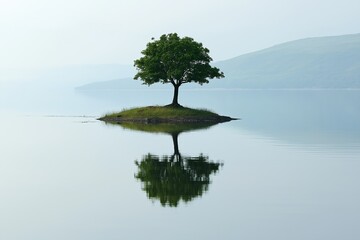 Poster - A single tree on a tiny island, reflected perfectly in still water
