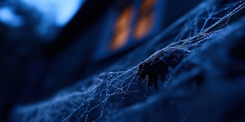 Dew-Covered Spiderweb with Dark Object