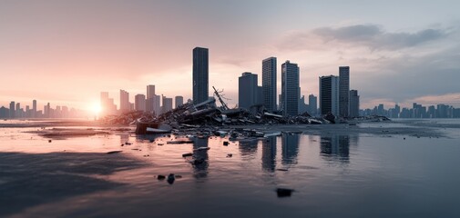 Poster - A futuristic cityscape at sunset, featuring modern skyscrapers reflected in water, with some structures appearing damaged or abandoned.