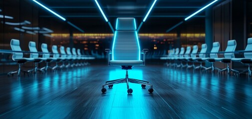 Poster - A modern conference room features a central glowing chair, surrounded by sleek white chairs and illuminated by blue lighting.