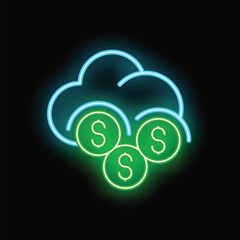 Poster - Neon sign representing cloud computing costs with a cloud and dollar coins, ideal for illustrating concepts like subscription fees or online payment