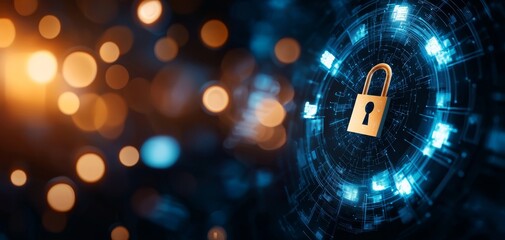 Poster - A digital lock symbolizing cybersecurity and data protection, surrounded by glowing blue and orange elements.