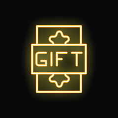 Poster - Bright yellow neon gift card icon glowing on a dark background