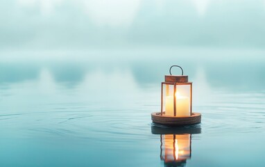 Poster - A serene lantern floats on calm water, casting a warm glow in a misty landscape, creating a tranquil and enchanting atmosphere.